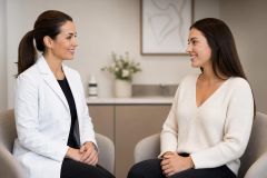 Doctor and patient in clinic consultation discussing treatment options in calm, professional setting.