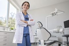 Smiling dentist in clinic standing beside dental chair and instruments, conveying trust and professionalism.