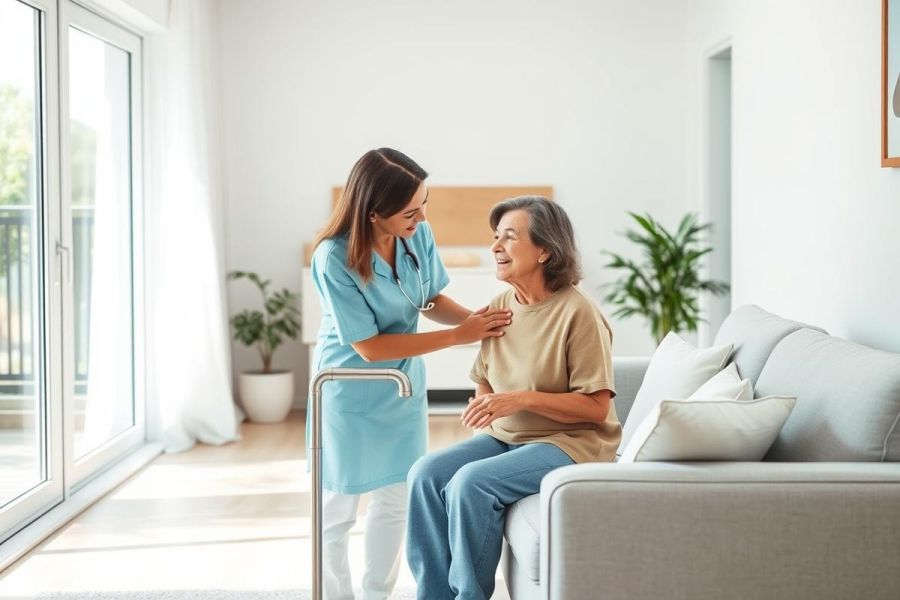Caregiver assisting elderly woman in bright, modern living room. Image depicts home healthcare, senior support, and compassionate care with warm beige and blue tones. Natural light and indoor plants enhance the peaceful setting.