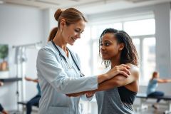 Physiotherapist examining a patient's shoulder in a bright, modern clinic. The image depicts a healthcare professional assisting a woman with a physical therapy assessment, showcasing rehabilitation and wellness in a clinical setting. Warm, natural lighting and a focus on patient care.