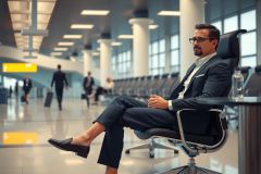 Businessman in suit sits relaxed in an airport terminal. Focused on a professional, business travel, and waiting ambiance. Modern architecture and a sense of calm.