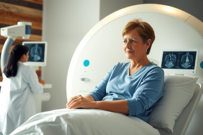 A woman seated in a modern medical imaging MRI machine. She is wearing a light blue scrub and appears to be in a hospital setting, looking out with an expression of concern or worry. A female physician stands beside the MRI bed, attentively monitoring her patient's scan results on a digital interface. The background includes sleek medical equipment and a blend of natural wood elements that suggest a contemporary, clean clinical environment.