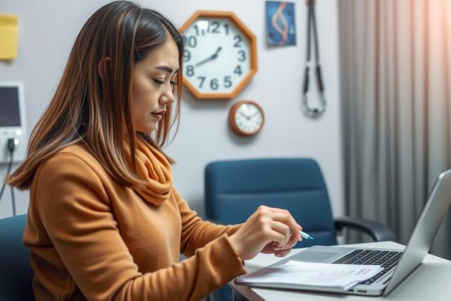 A woman in a professional office setting, wearing a brown cardigan. She is using a laptop computer for work, with various medical documents spread out on the desk before her.