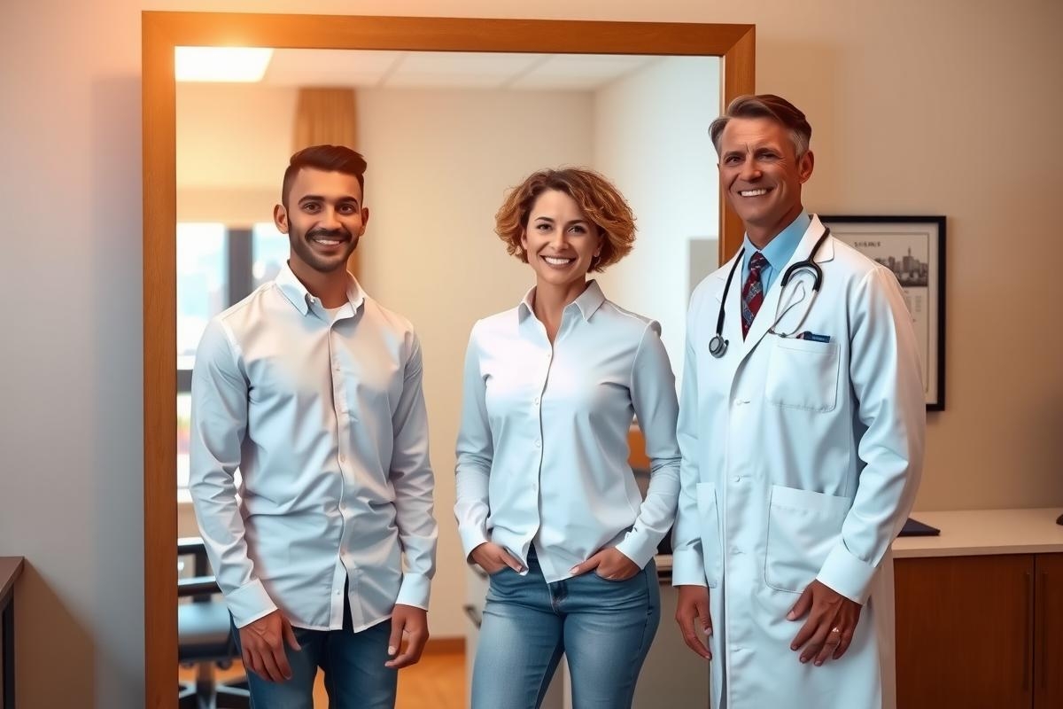 This is a photograph taken in an office environment, likely a medical practice. There are three individuals present: one woman and two men. They appear to be professionals, with the man on the right wearing a white lab coat, indicating he may be a doctor, while the other two individuals, possibly patients, are dressed in casual attire.