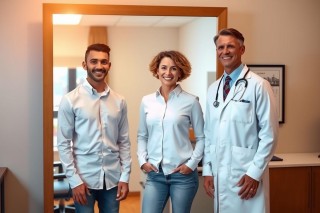 This is a photograph taken in an office environment, likely a medical practice. There are three individuals present: one woman and two men. They appear to be professionals, with the man on the right wearing a white lab coat, indicating he may be a doctor, while the other two individuals, possibly patients, are dressed in casual attire.