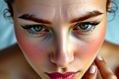 The image is a close-up portrait of a woman's face. She has light skin, red lipstick, and her hair is styled with bangs. The makeup includes dark eyeshadow that enhances the intensity of her gaze. Her expression appears thoughtful or contemplative.