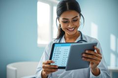 Smiling female doctor in a bright, modern clinic examining a patient list on a tablet. Healthcare professional using digital technology for patient care. Blue and white color scheme. Medical technology, digital health, and doctor concept.
