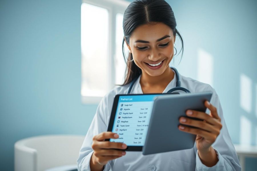 Smiling female doctor in a bright, modern clinic examining a patient list on a tablet. Healthcare professional using digital technology for patient care. Blue and white color scheme. Medical technology, digital health, and doctor concept.