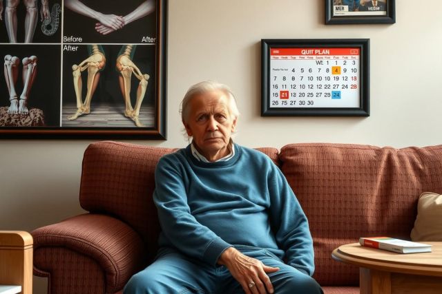 The image shows an older man sitting on a couch in a living room. He is wearing blue long-sleeved clothing and has a concerned expression on his face, looking to the side rather than directly at the viewer.