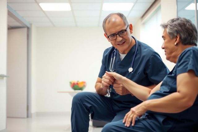 Doctor in scrubs and stethoscope sits with a patient in a medical office. Warm lighting and a calming environment. Healthcare, medical consultation, patient care.