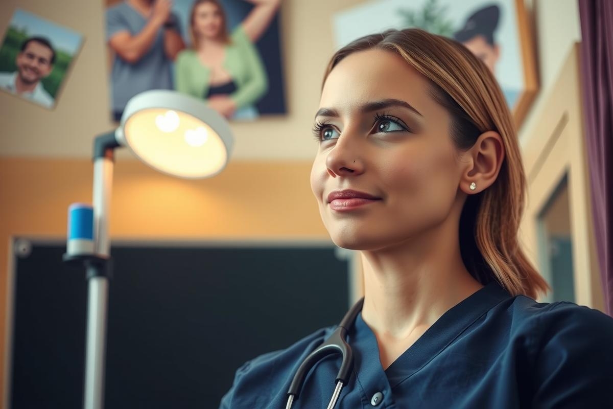 This is a photograph of a female medical professional wearing scrubs. She has a friendly expression on her face and appears to be in an examination or consultation room, as evidenced by the medical posters on the wall behind her. Her hair is styled neatly, and she is looking at the side with a slight smile. The image captures the essence of a healthcare professional's work environment.