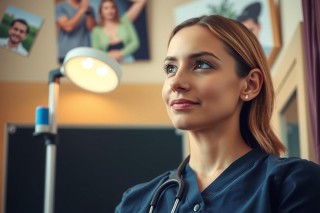 This is a photograph of a female medical professional wearing scrubs. She has a friendly expression on her face and appears to be in an examination or consultation room, as evidenced by the medical posters on the wall behind her. Her hair is styled neatly, and she is looking at the side with a slight smile. The image captures the essence of a healthcare professional's work environment.