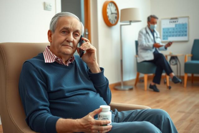 The image depicts an elderly man in a waiting room setting. He is wearing a blue sweater and sits on a chair, engaged in conversation on his cell phone.