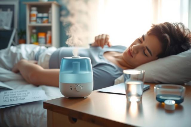 The image features a woman lying down on a bed, enjoying a moment of relaxation. A diffuser with a soothing blue light is placed nearby, suggesting she might be using it to create a calming atmosphere.