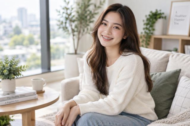 Young woman with braces smiling on a bright living-room couch, suggesting dental treatment wellbeing.