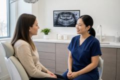 Dental consultation between patient and clinician in a clean clinic, dental X-ray visible behind them.