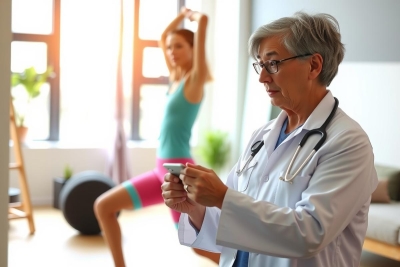 The image depicts an older female doctor examining a younger female who is engaging in a fitness activity, likely a yoga pose. The environment appears to be a modern living room or gym space with natural lighting.