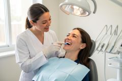 Dentist smiling as she applies a whitening tray to a patient’s teeth during a cosmetic dentistry visit.
