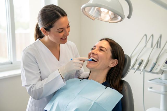 Dentist smiling as she applies a whitening tray to a patient’s teeth during a cosmetic dentistry visit.