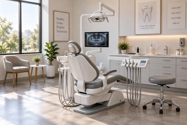 Bright dental operatory with treatment chair, instruments, panoramic X‑ray, and a small waiting area.