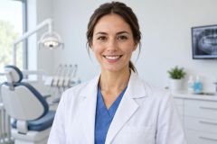 Smiling dental professional in clinic with chair, instruments, and dental X-ray visible.