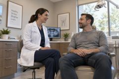 Dentist consulting with patient in a bright dental exam room, X-ray visible on monitor.