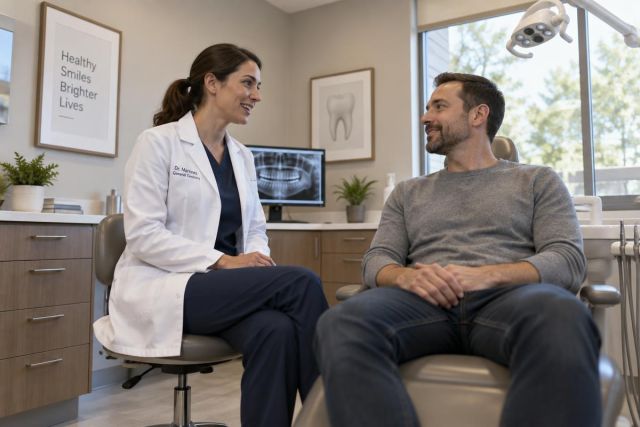 Dentist consulting with patient in a bright dental exam room, X-ray visible on monitor.