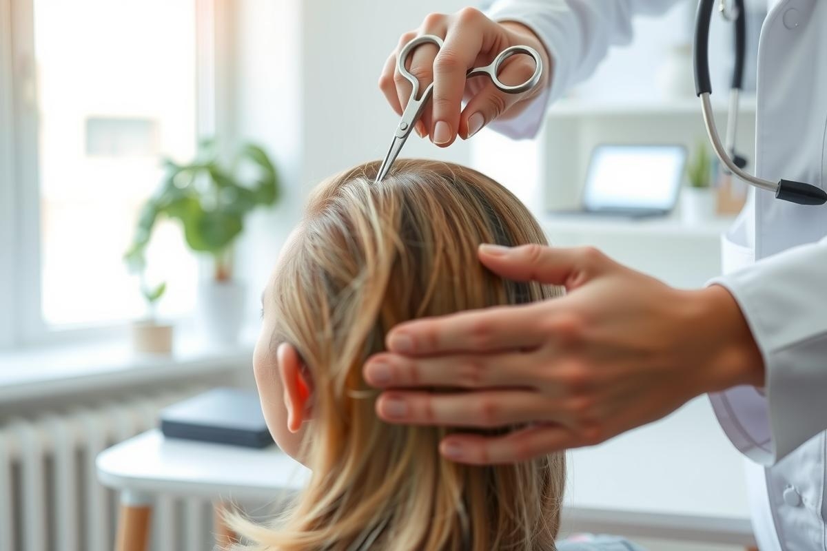 A healthcare professional examines a patient's hair and scalp. The scene takes place in a medical setting with a clean, bright environment. Focus is on the close-up view of the hair and the professional's hands.