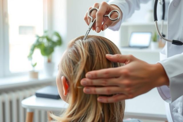 A healthcare professional examines a patient's hair and scalp. The scene takes place in a medical setting with a clean, bright environment. Focus is on the close-up view of the hair and the professional's hands.