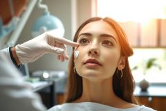 Close-up of a woman receiving skincare treatment. A dermatologist in gloves examines her face in a brightly lit clinic setting. Focus on facial examination and beauty procedures.