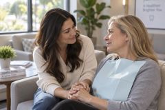 Patient wearing dental bib in waiting area, companion holding hands offering supportive reassurance.