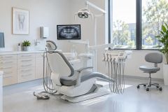 Modern dental operatory with chair, x‑ray monitor, instruments, and natural window light.