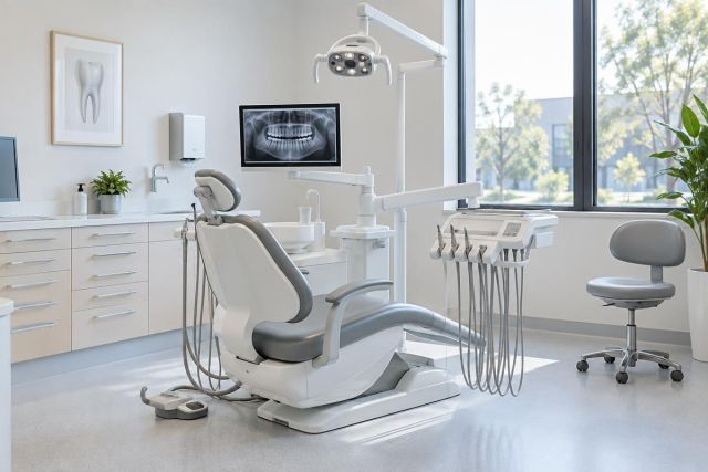 Modern dental operatory with chair, x‑ray monitor, instruments, and natural window light.