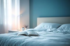 Cozy bedroom scene featuring an open book on a white bed. Soft blue walls and curtains create a tranquil atmosphere. A bedside table with a lamp and candle adds warmth to the peaceful interior. Ideal for relaxation, reading, and bedroom decor themes.