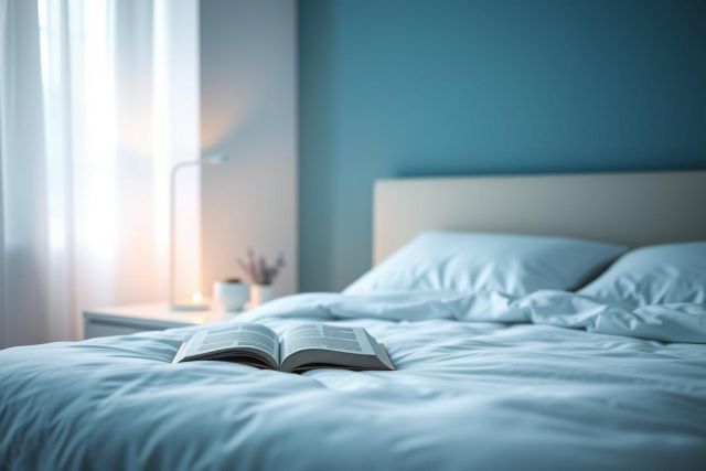 Cozy bedroom scene featuring an open book on a white bed. Soft blue walls and curtains create a tranquil atmosphere. A bedside table with a lamp and candle adds warmth to the peaceful interior. Ideal for relaxation, reading, and bedroom decor themes.