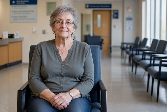 Elderly patient seated in a bright clinic waiting room, appearing calm and prepared for appointment.