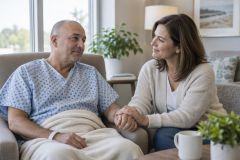 Patient in gown seated with supportive companion holding his hand in a calm recovery setting.