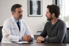 Orthopedic surgeon consulting with a patient in clinic, discussing hip recovery and x‑ray behind.