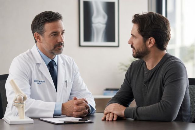 Orthopedic surgeon consulting with a patient in clinic, discussing hip recovery and x‑ray behind.