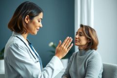 Doctor consults with a patient in a modern healthcare setting. A female physician wearing a white coat and stethoscope gestures reassuringly to a woman seated comfortably. The room features a teal wall and natural light, conveying a calm and professional atmosphere. Focus on medical consultation, healthcare, and patient care.
