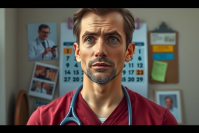 The image shows a man in a medical setting, dressed as a doctor with a stethoscope around his neck. He has a concerned expression on his face, looking to the side. In the background, there are framed pictures and what appears to be a bulletin board with notes or reminders attached to it. The lighting is warm, suggesting an indoor setting, possibly a clinic or hospital.