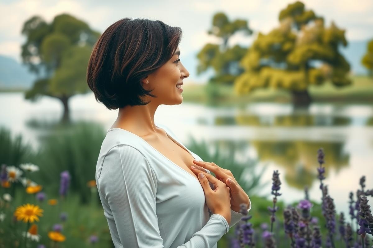 The image shows a woman standing in a serene natural setting. She is dressed in a long-sleeve blouse and has her hands clasped together, as if she is deep in thought or prayer. The background includes greenery, flowers, and a body of water reflecting the sky, suggesting a peaceful lakeside location. The colors are soft and muted with pastel tones that contribute to the tranquil atmosphere of the scene.