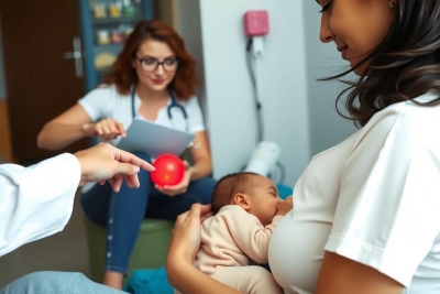 The image depicts a medical professional, presumably a pediatrician, interacting with a baby and their caregivers in an office setting. The baby is being examined while lying on their back, and the medical professional is holding the baby's foot to assess reflexes. A red ball is also visible as part of the clinical examination. There are two women, one wearing a white coat which signifies her role as a healthcare worker, sitting in chairs observing the examination.