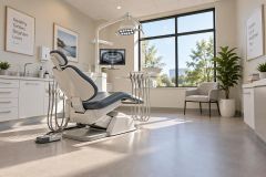 Bright modern dental operatory with treatment chair, instruments, X‑ray monitor, and waiting chair.