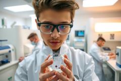 Scientist in lab coat holds test tube, examining contents.  Lab setting with equipment visible. Focus on research, biology, and scientific experimentation.  White and blue color scheme.