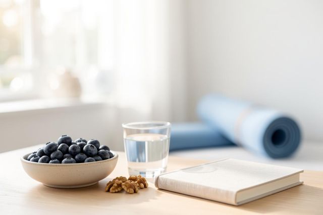 A bright and airy wellness scene featuring a bowl of fresh blueberries, walnuts, a glass of water, and a notebook on a wooden table. In the soft-focus background, a blue yoga mat rests near a sunlit window, evoking a healthy morning routine, mindfulness, and nutritious breakfast in a peaceful home environment.