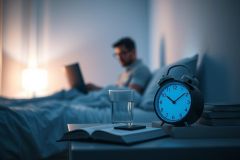 Nighttime scene in a cozy bedroom. A man reads on a tablet in bed, illuminated by a lamp. A glowing alarm clock and open book sit on a nightstand, creating a calming, blue-toned atmosphere. Focus on sleep, relaxation, and bedtime routine.