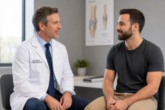 Orthopedic specialist consulting a patient in a clinic, knee anatomy poster visible behind them.