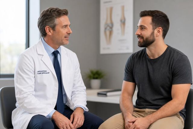 Orthopedic specialist consulting a patient in a clinic, knee anatomy poster visible behind them.