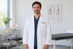 Smiling orthopedic doctor standing in clinic with spine models, exam table, and poster.